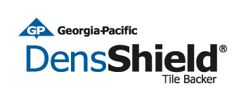 DensShield Tile Backer logo displayed prominently, showcasing a durable construction material designed for moisture resistance and tile installation efficiency.